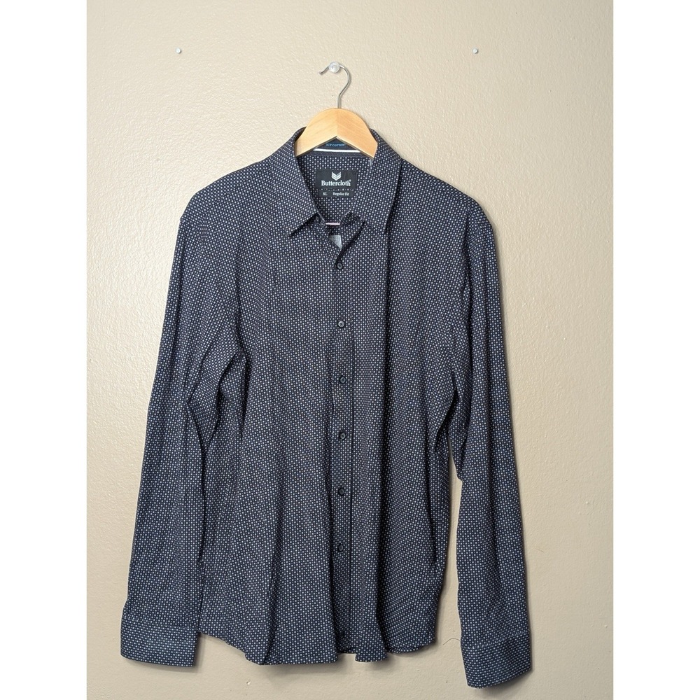 Buttercloth Icy Cotton Button Down Shirt XL Black Geometric Stretch Mens